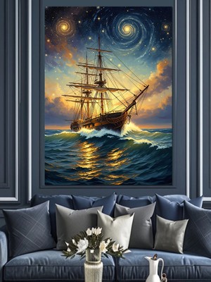 Artmeg Yıldızlı Gece Yelkenli Gemi Dekoratif Kanvas - Mdf Ahşap Tablo