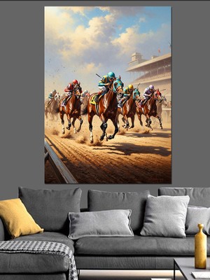 Artmeg Yarışan Atlar ve Jokeyler Tablosu Dekoratif Kanvas - Mdf Ahşap Tablo