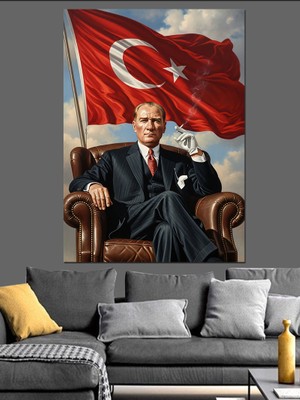 Artmeg Koltukta Oturan Gururlu Atatürk Portresi Dekoratif Kanvas - Mdf Ahşap Tablo
