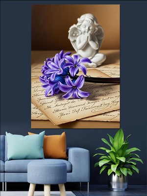 Artmeg Mor Çiçek ve Melek Heykeli Dekoratif Kanvas - Mdf Ahşap Tablo
