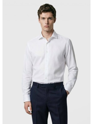 Ramsey Beyaz Düz Regular Fit Dokuma Klasik Yün Karışımlı Gömlek