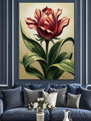 Artmeg Yeşil Yapraklı Tek Kırmızı Lale Dekoratif Kanvas - Mdf Ahşap Tablo