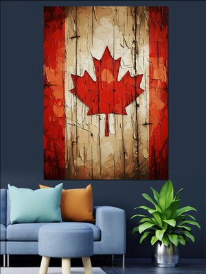 Artmeg Ahşap Zemin Üzerinde Kanada Bayrağı Dekoratif Kanvas - Mdf Ahşap Tablo