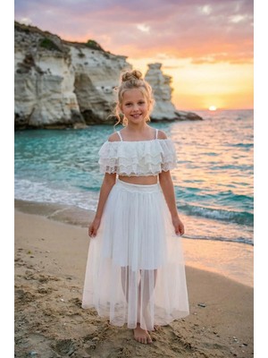 Butik Happy Kids Kız Çocuk  Beyaz 2'li Güpürlü Askılı Uzun Etekli Abiye Takım 6-16 Yaş