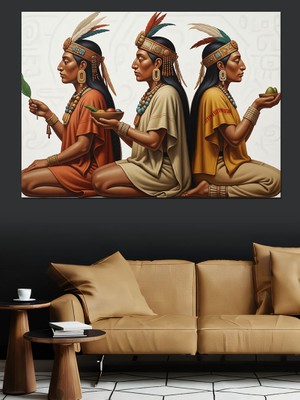 Artmeg Geleneksel Kıyafetli Üç Yerli Kadın Dekoratif Kanvas - Mdf Ahşap Tablo