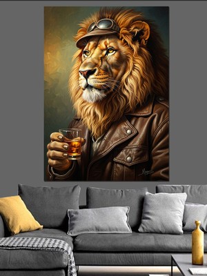 Artmeg Gözlüklü ve Ceketli Asil Aslan Dekoratif Kanvas - Mdf Ahşap Tablo