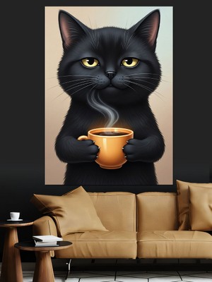 Artmeg Kahve Içen Ciddi Siyah Kedi Dekoratif Kanvas - Mdf Ahşap Tablo