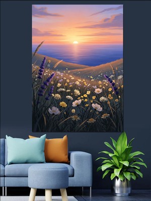 Artmeg Lavanta Tarlası Üzerinde Gün Batımı Dekoratif Kanvas - Mdf Ahşap Tablo