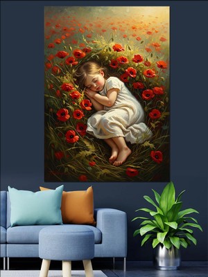 Artmeg Çiçekler Arasında Uyuyan Küçük Kız Dekoratif Kanvas - Mdf Ahşap Tablo