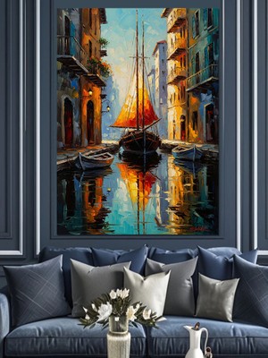 Artmeg Kanalda Duran Klasik Yelkenli Gemi Dekoratif Kanvas - Mdf Ahşap Tablo