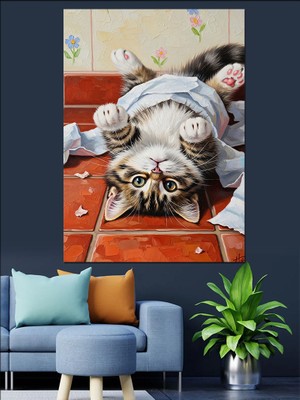 Artmeg Sırt Üstü Yatan Kedi Dekoratif Kanvas - Mdf Ahşap Tablo
