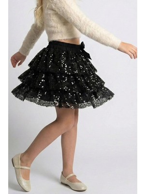 Breeze Kız Çocuk Etek Kat Kat Pul Payetli Fiyonk Aksesuarlı 5-10 Yaş, Siyah