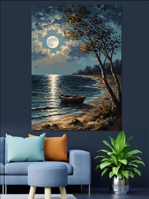 Artmeg Gece Deniz Üzerinde Mehtap Manzarası Dekoratif Kanvas - Mdf Ahşap Tablo