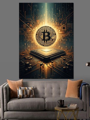 Artmeg Devre Kartı Üzerinde Bitcoin Logosu Dekoratif Kanvas - Mdf Ahşap Tablo