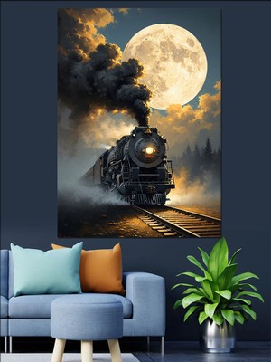 Artmeg Geceleyin Dumanlar Saçan Buharlı Tren Dekoratif Kanvas - Mdf Ahşap Tablo