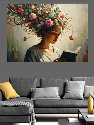 Artmeg Saçları Çiçekten Kitap Okuyan Kadın Dekoratif Kanvas - Mdf Ahşap Tablo