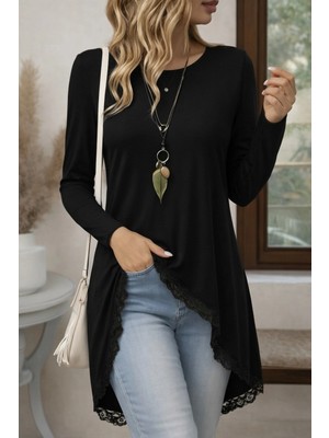 MiraLive Miray- Kadın Uzun Kollu Bisiklet Yaka Asimetrik Kesim Detaylı Dantelli Viskon Bluz