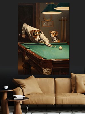 Artmeg Bilardo Oynayan Köpekler Komik Dekoratif Kanvas - Mdf Ahşap Tablo