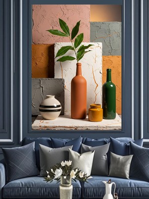 Artmeg Modern Vazoda Yeşil Yapraklar Dekoratif Kanvas - Mdf Ahşap Tablo