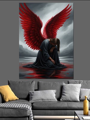 Artmeg Kırmızı Kanatlı Melek Figürü Dekoratif Kanvas - Mdf Ahşap Tablo