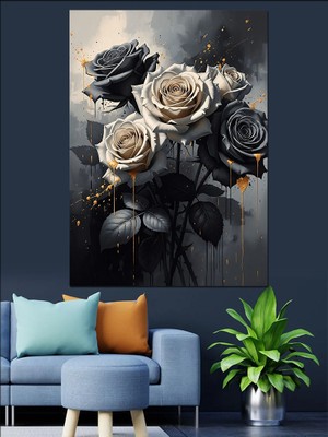 Artmeg Siyah Vazoda Beyaz Güller Sanatı Dekoratif Kanvas - Mdf Ahşap Tablo