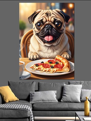 Artmeg Pizza Yiyen Tatlı Pug Köpeği Dekoratif Kanvas - Mdf Ahşap Tablo