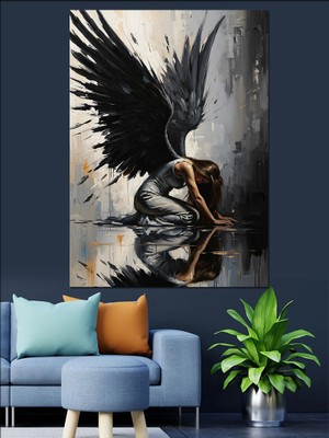 Artmeg Siyah Kanatlı Diz Çökmüş Melek Dekoratif Kanvas - Mdf Ahşap Tablo