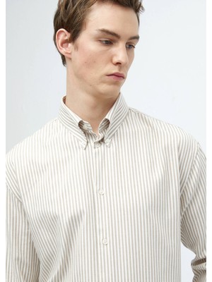 Ramsey Deve Tüyü Çizgili Loose Fit Dokuma Casual Pamuk Karışımlı Gömlek