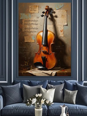 Artmeg Notalar Önünde Klasik Ahşap Keman Dekoratif Kanvas - Mdf Ahşap Tablo