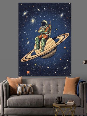 Artmeg Satürn Halkasında Oturan Astronot Dekoratif Kanvas - Mdf Ahşap Tablo