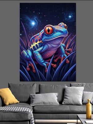 Artmeg Uzayda Parlayan Mavi Kurbağa Illüstrasyonu Dekoratif Kanvas - Mdf Ahşap Tablo