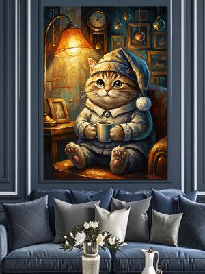 Artmeg Kahve Içen Tatlı Kış Kedisi Dekoratif Kanvas - Mdf Ahşap Tablo