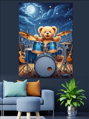 Artmeg Davul Çalan Ayıcık Figürü Dekoratif Kanvas - Mdf Ahşap Tablo