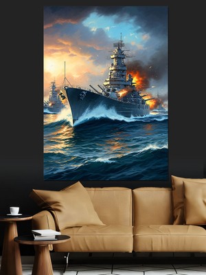 Artmeg Savaşta Yanan Büyük Gemi Dekoratif Kanvas - Mdf Ahşap Tablo