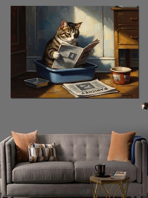 Artmeg Tuvalette Gazete Okuyan Komik Kedi Dekoratif Kanvas - Mdf Ahşap Tablo