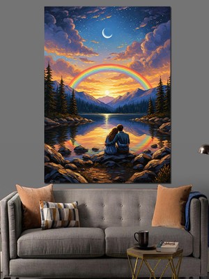 Artmeg Göl Kenarında Gökkuşağı ve Dağlar Dekoratif Kanvas - Mdf Ahşap Tablo