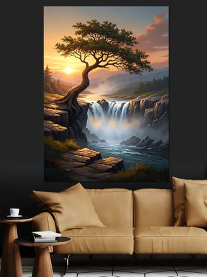 Artmeg Şelale Manzaralı Tek Ağaç Tablosu Dekoratif Kanvas - Mdf Ahşap Tablo
