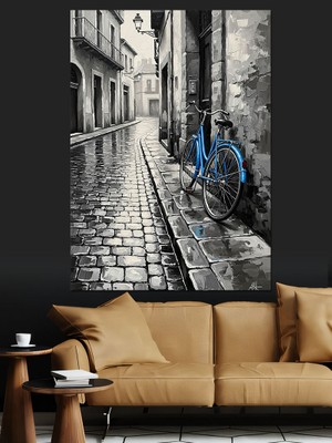 Artmeg Siyah Beyaz Sokakta Mavi Bisiklet Dekoratif Kanvas - Mdf Ahşap Tablo