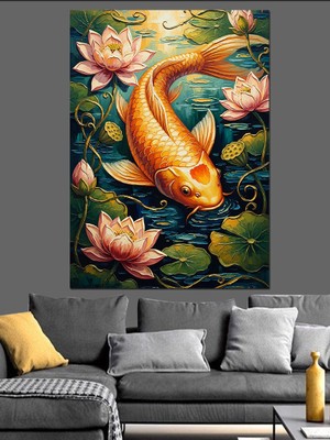 Artmeg Nilüfer Çiçekleri ve Turuncu Balık Dekoratif Kanvas - Mdf Ahşap Tablo