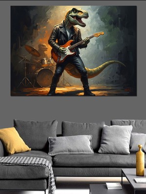 Artmeg Gitar Çalan Sürreal Dinozor Figürü Dekoratif Kanvas - Mdf Ahşap Tablo
