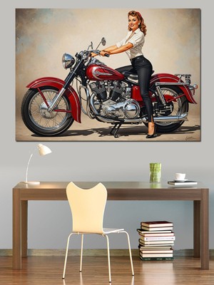Artmeg Motor Üzerinde Vintage Tarzda Kadın Dekoratif Kanvas - Mdf Ahşap Tablo