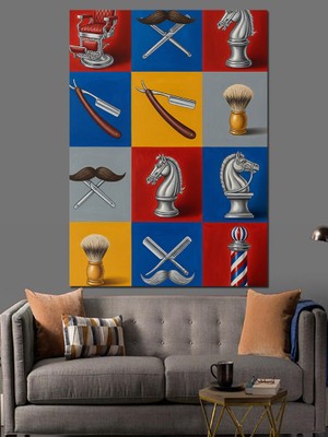 Artmeg Berber Malzemeleri ve Satranç Teması Dekoratif Kanvas - Mdf Ahşap Tablo