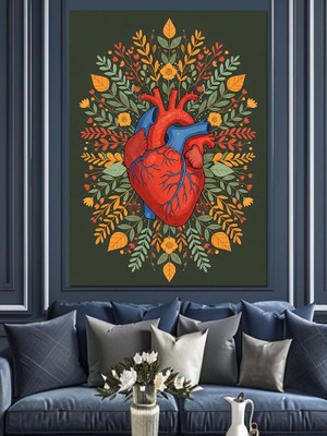 Artmeg Anatomik Kalp ve Botanik Çiçekler Dekoratif Kanvas - Mdf Ahşap Tablo