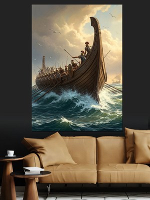 Artmeg Dalgalarda Ilerleyen Viking Gemisi Dekoratif Kanvas - Mdf Ahşap Tablo