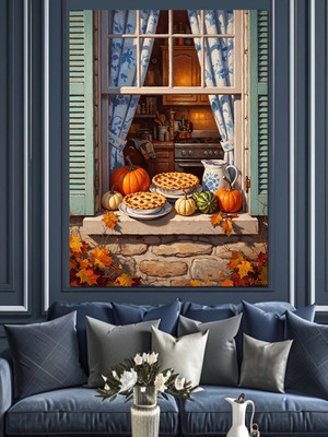 Artmeg Balkabaklı Sonbahar Pencere Önü Dekoratif Kanvas - Mdf Ahşap Tablo