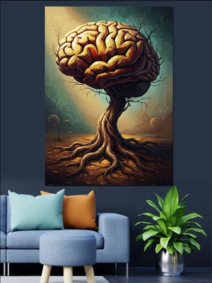 Artmeg Toprağa Köklü Beyin ve Ağaç Dekoratif Kanvas - Mdf Ahşap Tablo