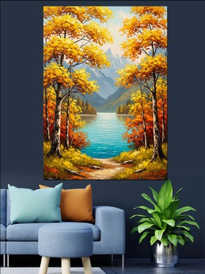 Artmeg Sonbahar Gölde Sarı Ağaçlar Yansıması Dekoratif Kanvas - Mdf Ahşap Tablo