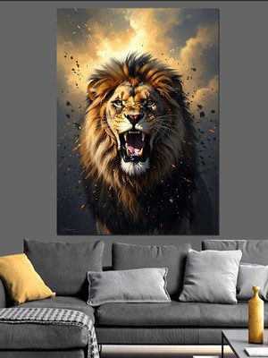 Artmeg Gökyüzüne Kükreyen Aslan Kral Portresi Dekoratif Kanvas - Mdf Ahşap Tablo
