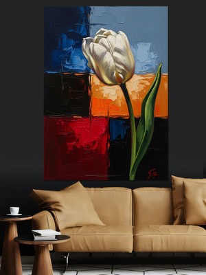 Artmeg Renkli Arka Planda Beyaz Lale Dekoratif Kanvas - Mdf Ahşap Tablo