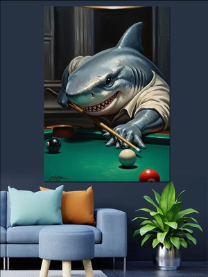 Artmeg Bilardo Oynayan Köpekbalığı Eğlenceli Tablo Dekoratif Kanvas - Mdf Ahşap Tablo